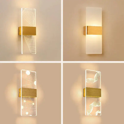 Modern acrylic touch sensor led wall lamp with gold metal bracket and illuminated abstract patterns for bedroom sconce