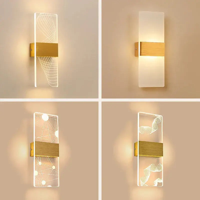 Modern acrylic touch sensor led wall lamp with gold metal bracket and illuminated abstract patterns for bedroom sconce