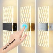 Modern acrylic led wall lamp with diamond-patterned translucent diffuser, brushed metal bar, and touch sensor controls