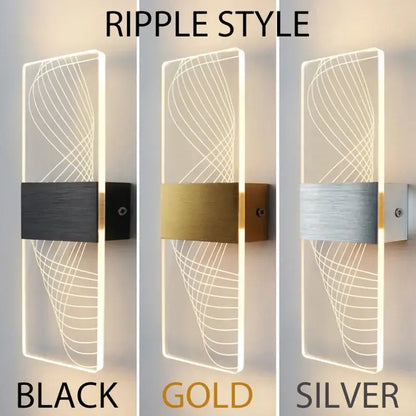Modern acrylic touch sensor led wall lamp ripple style sconce available in black gold and silver finishes for bedroom use