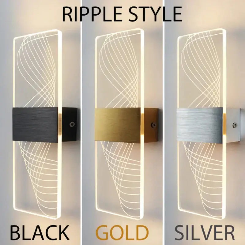 Modern acrylic touch sensor led wall lamp ripple style sconce available in black gold and silver finishes for bedroom use
