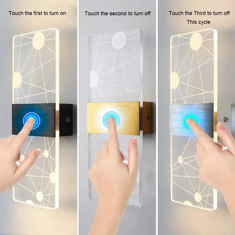 Modern acrylic touch sensor led wall lamp with clear body, geometric pattern, metal accents, and three color modes