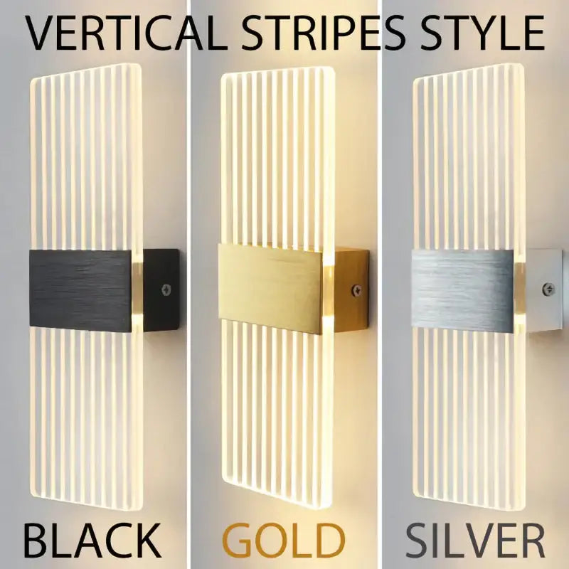 Modern acrylic vertical stripes led wall lamp with touch sensor available in black gold and silver finishes for bedroom use