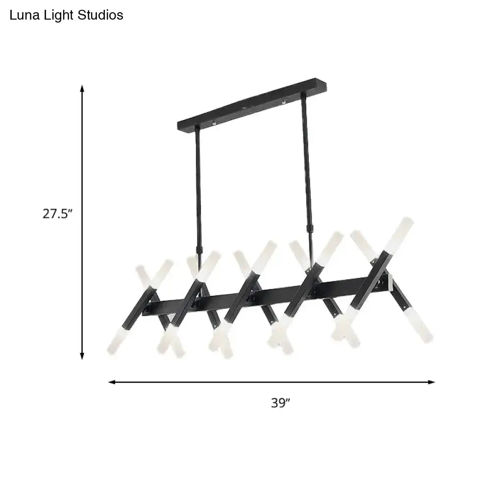 DecorBites™ black metal tube island pendant light with white frosted glass shades in geometric cross pattern
