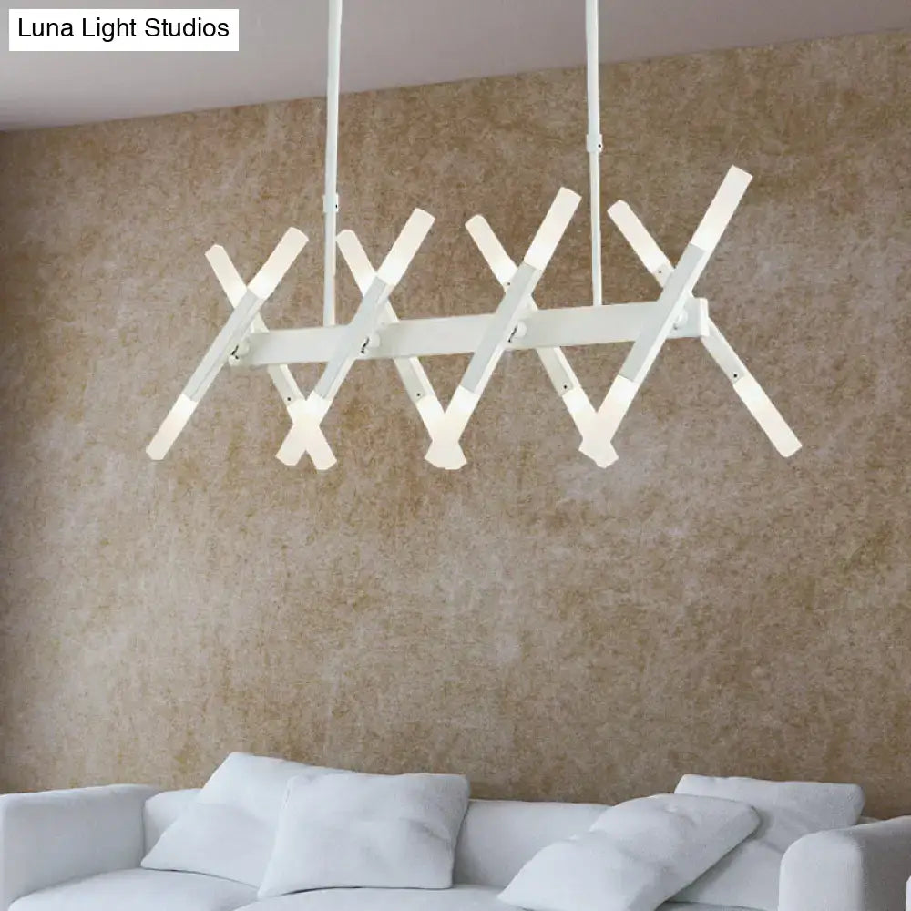 Modern white geometric tube island pendant light with intersecting acrylic bars in black white for dining room lighting