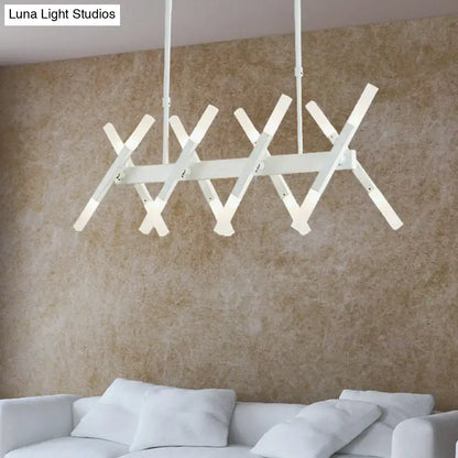 Modern white geometric tube island pendant light with intersecting acrylic bars in black white for dining room lighting
