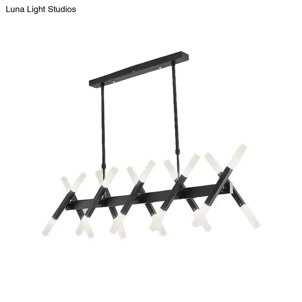 Black metal chandelier with frosted glass arms and modern geometric design for acrylic tube island lighting