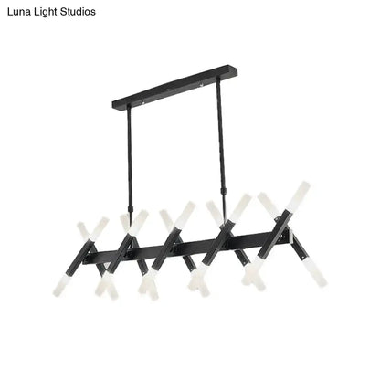 Black metal chandelier with frosted glass arms and modern geometric design for acrylic tube island lighting