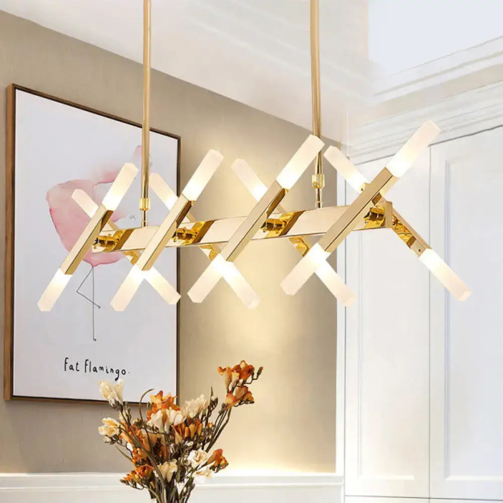 Gold-toned geometric tube island pendant with acrylic frosted glass shades for modern dining room lighting