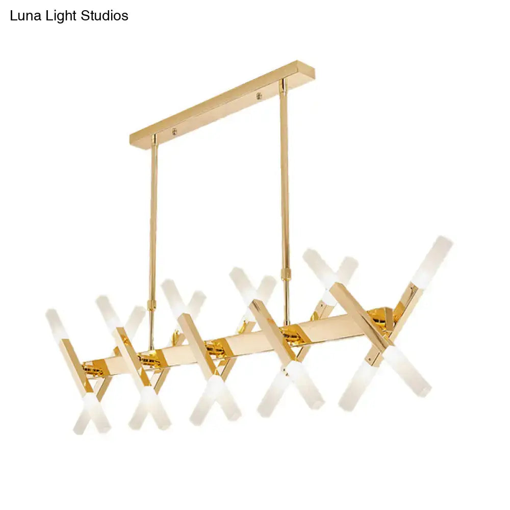 Gold-finished modern tube island pendant light with intersecting arms and frosted glass for dining room lighting