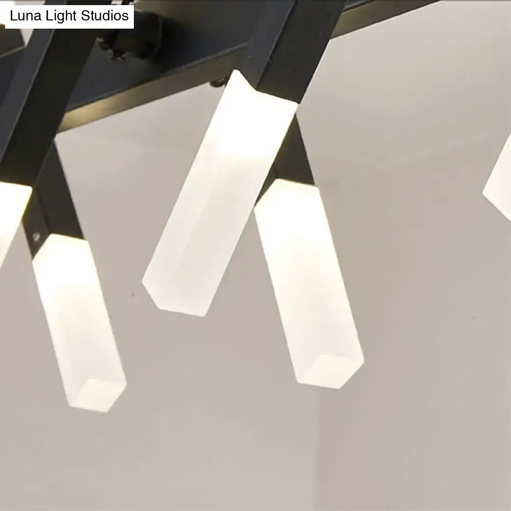 Modern black metal tube island pendant light with frosted white acrylic tube shades for dining room lighting