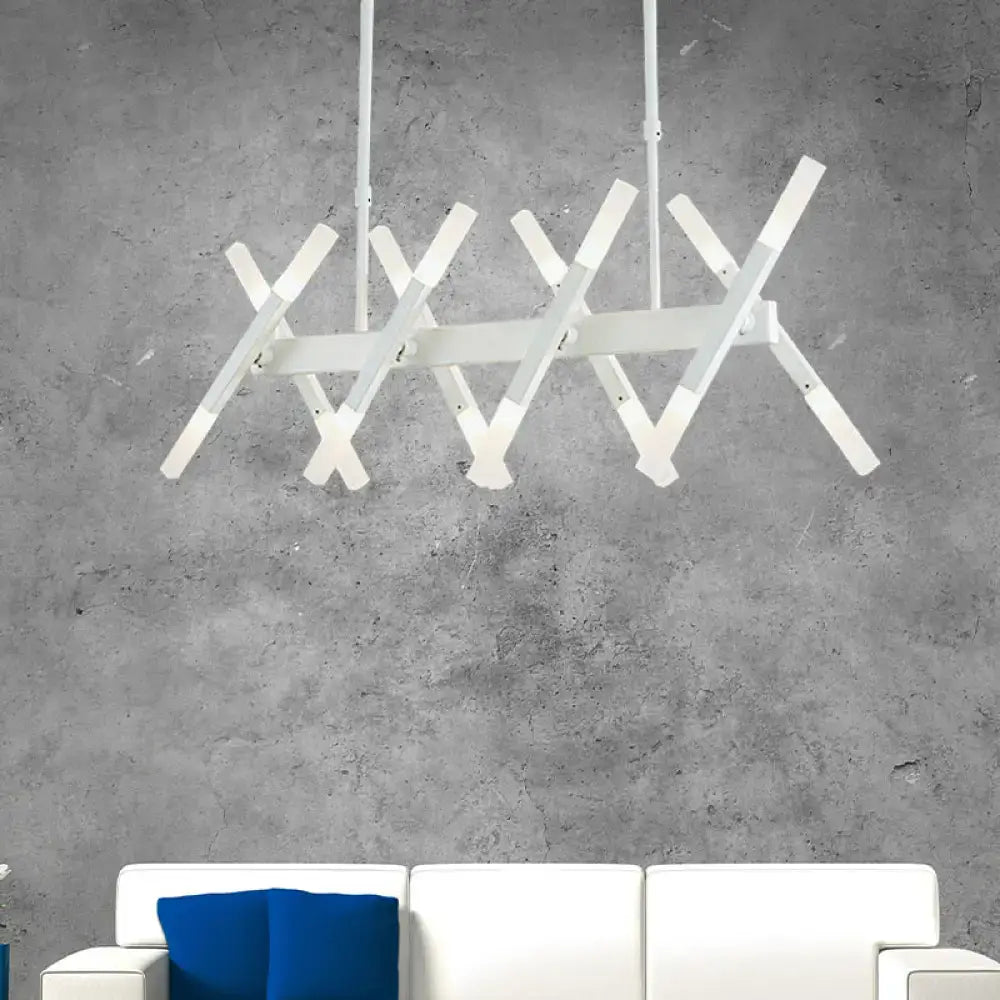 Modern white acrylic tube island pendant light with intersecting angular bars in black white for dining room lighting