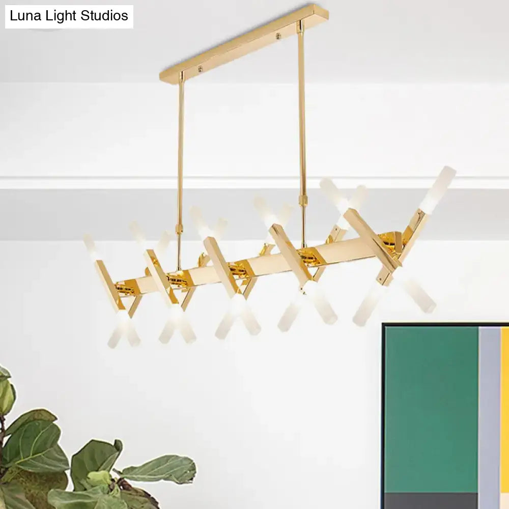 Decorbites™ modern acrylic tube island pendant light in gold with geometric wooden slats and frosted glass shades for dining room lighting