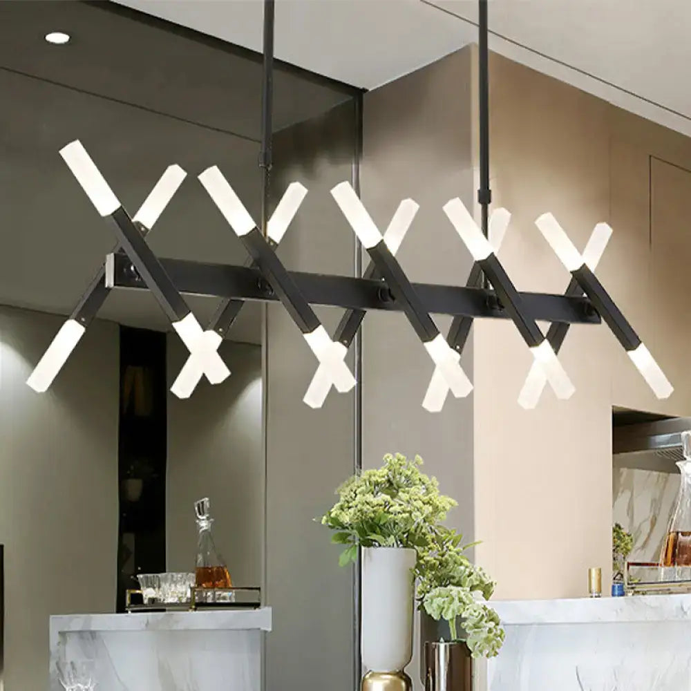 Decorbites modern acrylic tube island pendant light with black metal intersecting arms and frosted white led lights black white