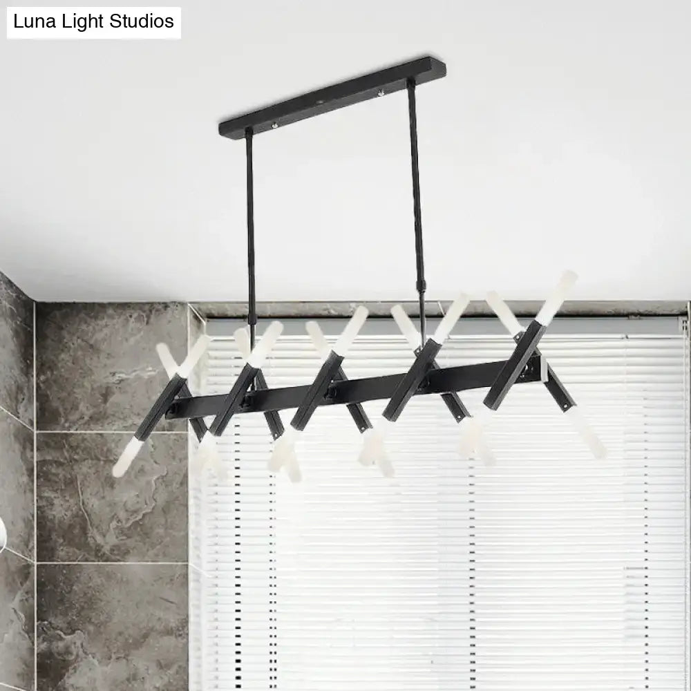 Black metal chandelier with white frosted glass shades complements decorbites™ acrylic tube island pendant lights black white