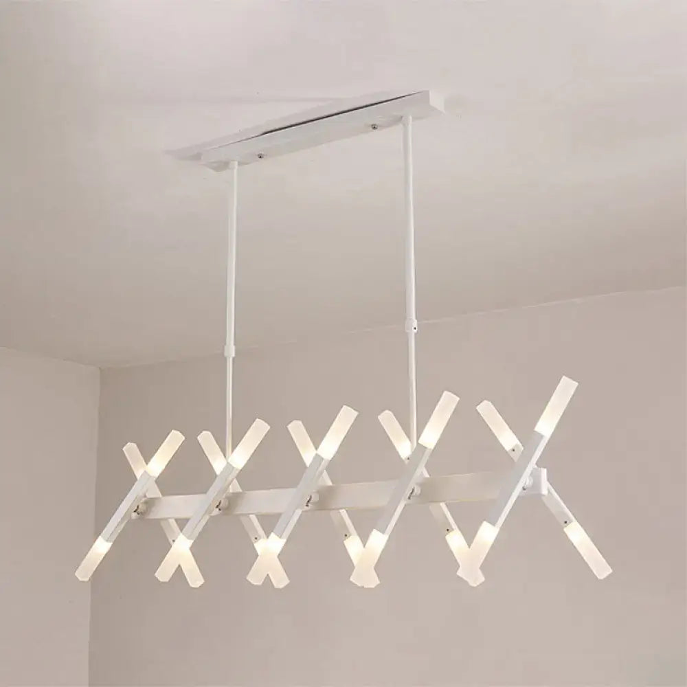 Modern white acrylic tube island pendant light with intersecting illuminated bars lights black white for dining room