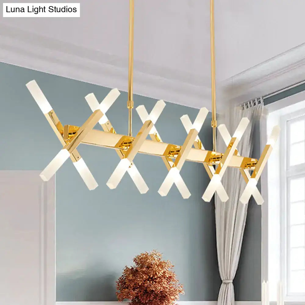 Decorbites modern acrylic tube island pendant light with gold finish and white acrylic bars for dining room lighting