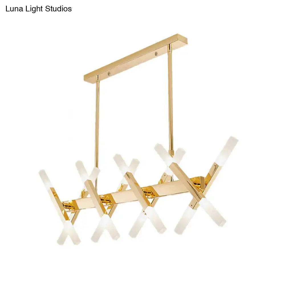Gold finished modern tube island pendant light with intersecting arms and frosted acrylic tube island fixtures