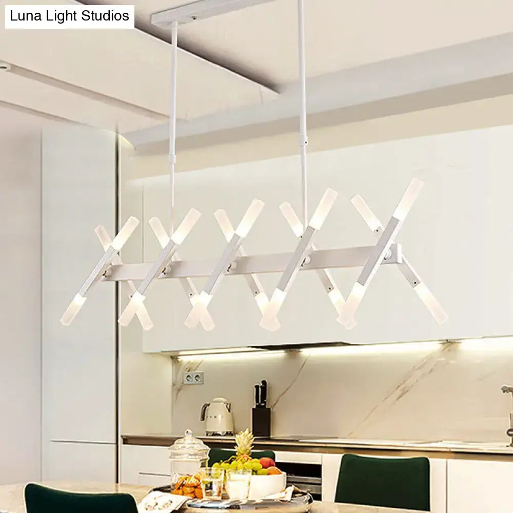 Decorbites modern acrylic tube island pendant light with white geometric arms and frosted glass accents in black white