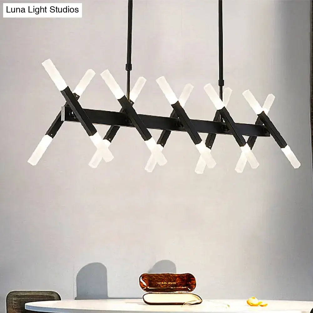 Modern black metal tube island pendant with intersecting arms and frosted white acrylic tube lights for dining room