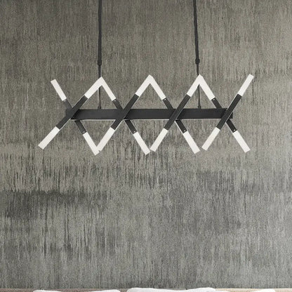 DecorBites™ modern acrylic tube island pendant light in black and white with intersecting angular bars for dining room lighting
