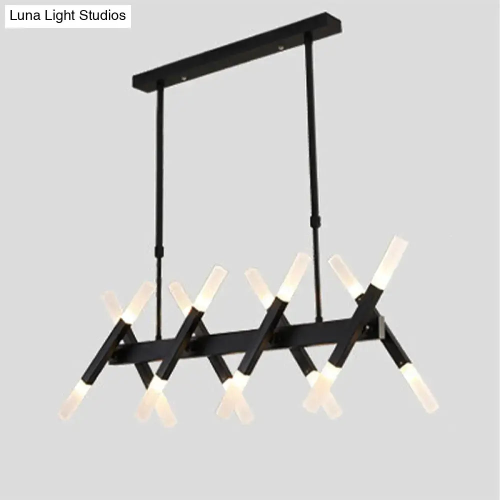 Black modern tube island pendant light with sleek metal arms and frosted acrylic tube lights for dining room ceiling