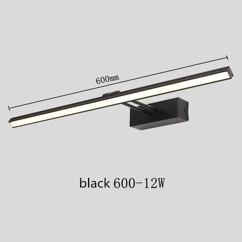 Black 600mm led wall-mounted vanity mirror light with sleek rectangular design and integrated lighting for bathroom use