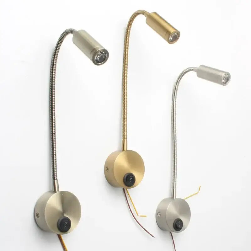 Three modern adjustable gooseneck led bedside wall sconces in brushed brass and stainless steel finishes for reading lamp decorbites led bedside
