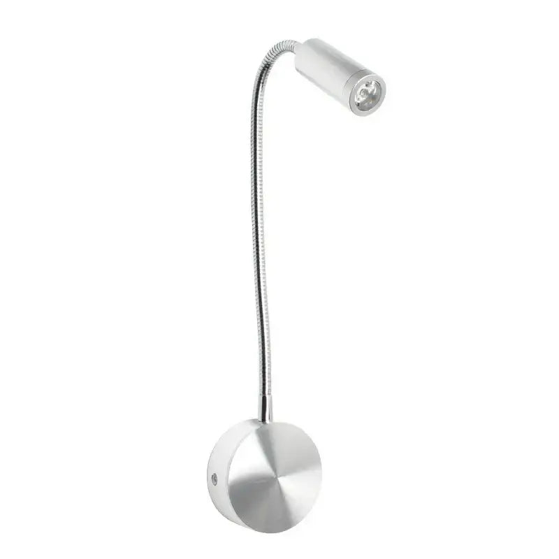 Silver gooseneck led bedside wall sconce with flexible metallic arm and circular base for modern bedroom decorbites led bedside use