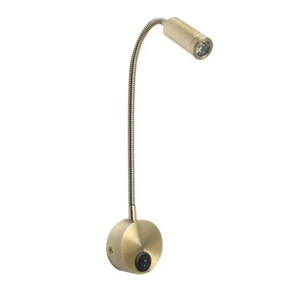 Brass-colored adjustable gooseneck led bedside wall sconce with flexible metallic arm and circular base for bedroom decorbites led bedside use