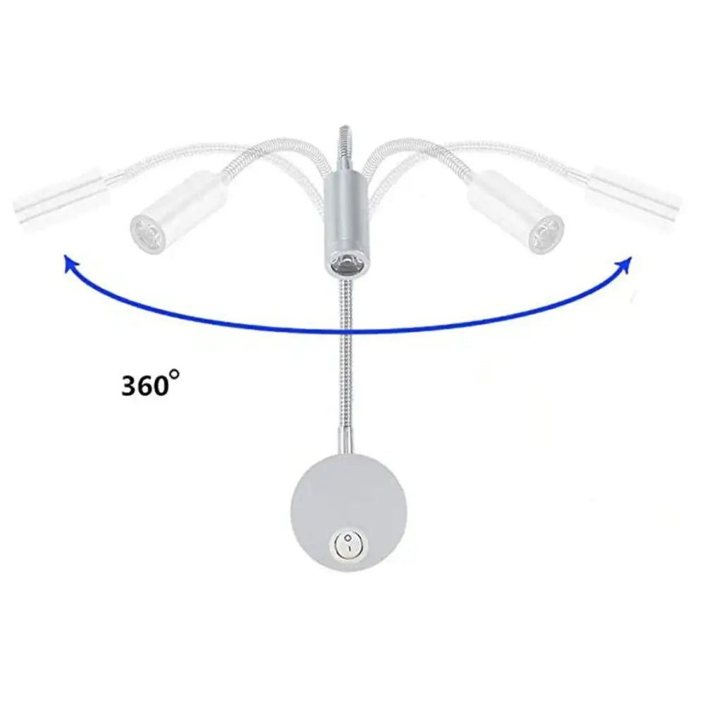 Silver modern adjustable gooseneck led bedside wall sconces with three flexible arms and clear cylindrical light heads