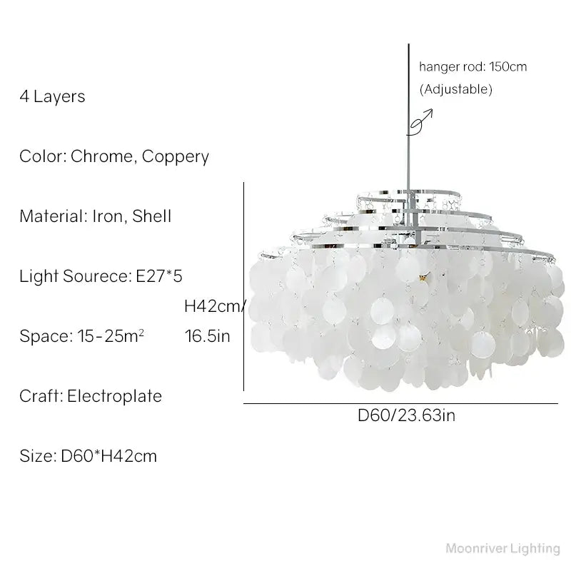 Modern decorbites aeolian bells shell chandelier with chrome coppery iron frames and white shell discs for living room lighting