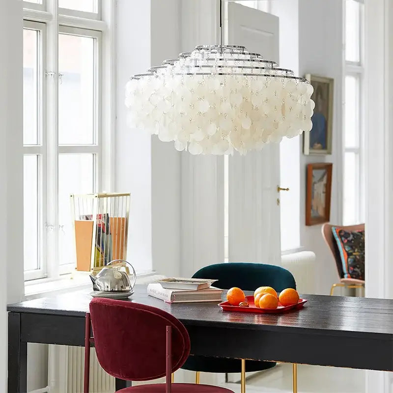 Modern decorbites aeolian bells shell chandelier pendant light with cascading white shell discs and chrome rings for living room decor