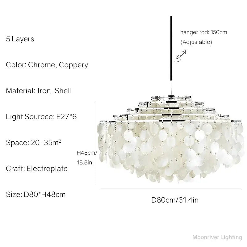 Modern decorbites aeolian bells shell chandelier with five cascading white shell layers on chrome coppery frame for living room