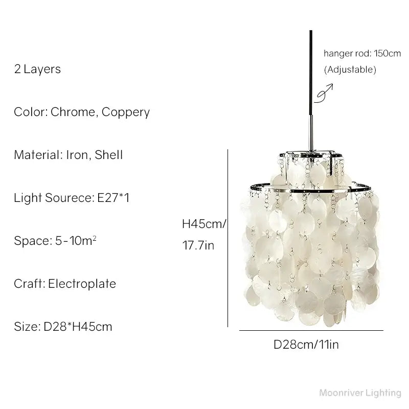 Two-layered modern aeolian bells shell chandelier with chrome copper iron frame and white shell discs for living room decorbites