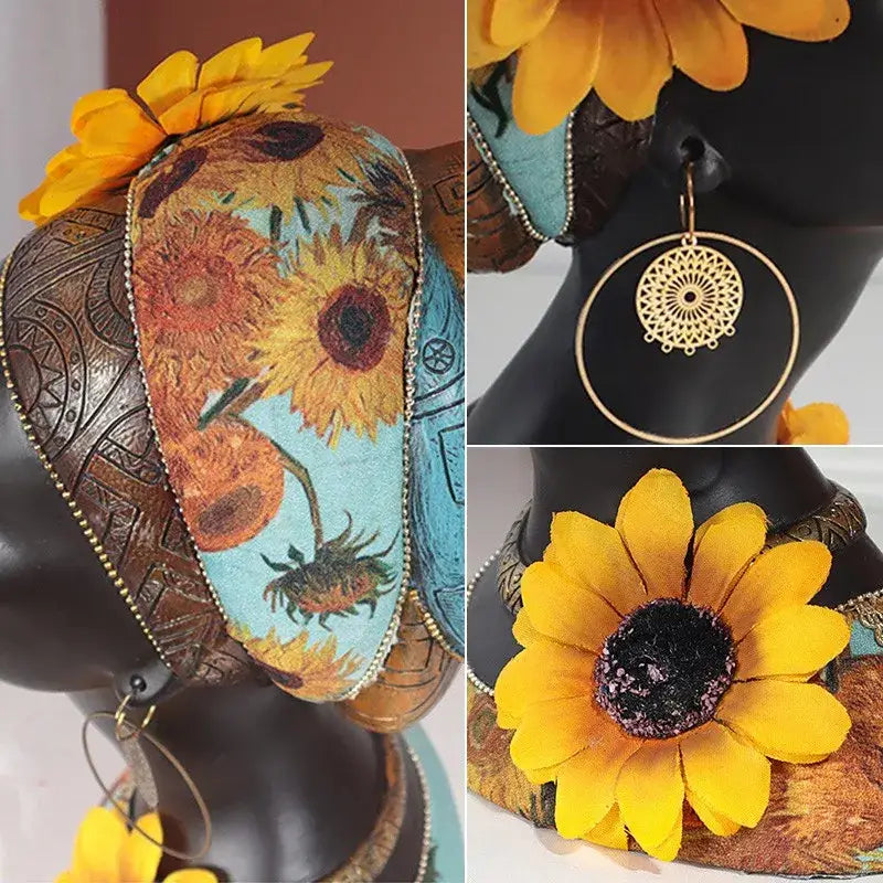 Modern african beauty figurines decorbites african sunflower-themed headband in yellow brown fabric with gold trim on blue background