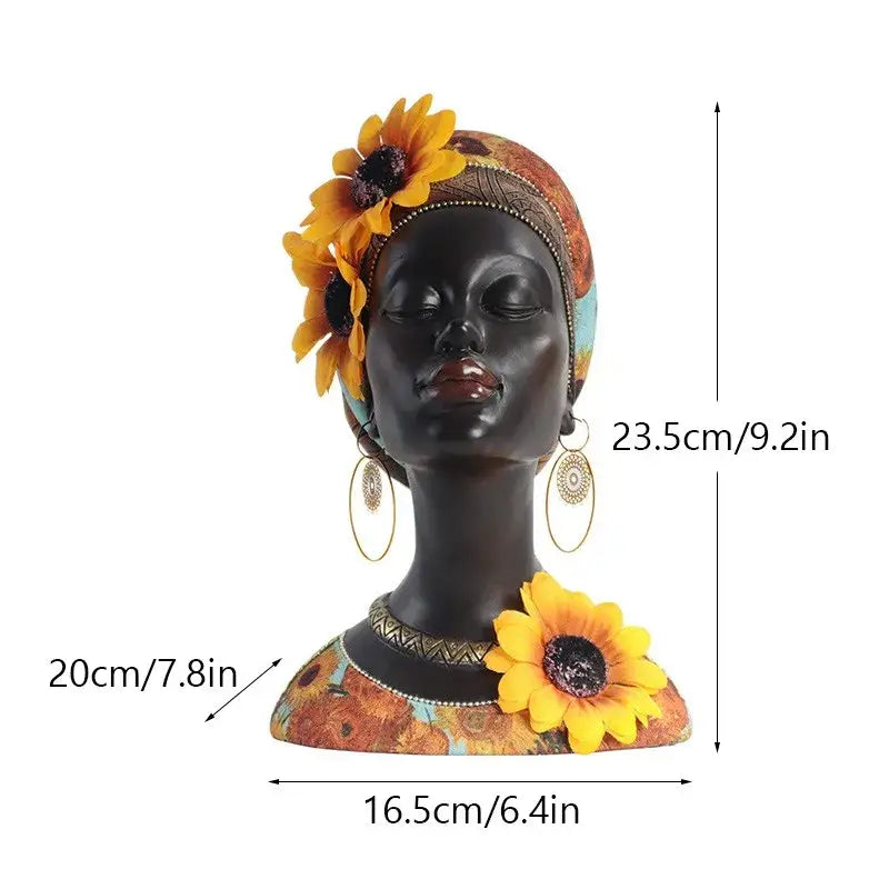 A glossy black resin african beauty figurine with yellow sunflowers and patterned headwrap for decorbites african decor