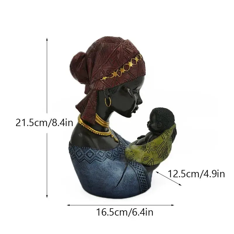 A detailed resin african beauty figurine of a mother with brown patterned headwrap and blue dress for decorbites african decor