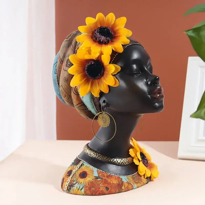 Black resin african beauty figurine with yellow sunflowers and patterned headwrap for decorbites african living room decor