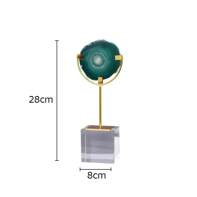 Polished green agate slice on gold-toned metal crystal base with clear acrylic stand for modern living room decorbites decor