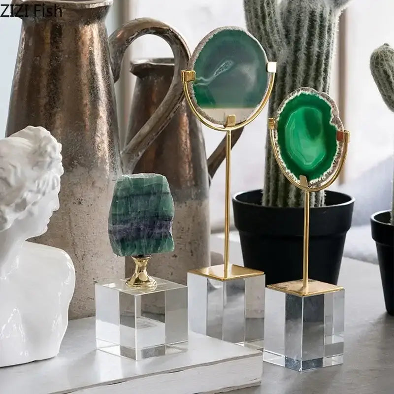 Elegant green agate crystal base ornaments with gold-toned metal stands and clear acrylic bases for modern living room decorbites decor