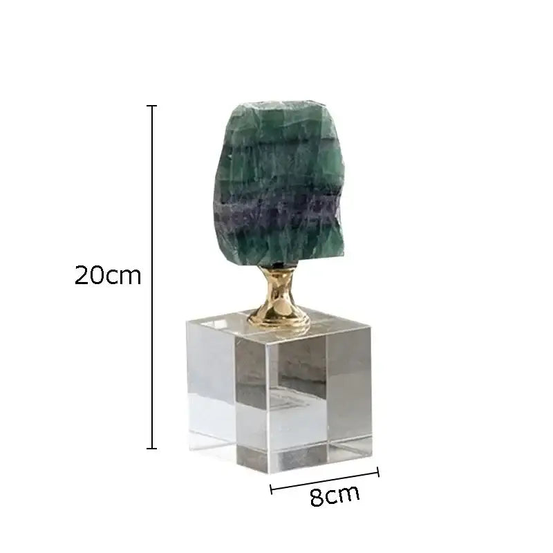 Modern agate crystal base ornament featuring a polished green and purple fluorite geode on a gold-toned stand for living room decorbites crystal base