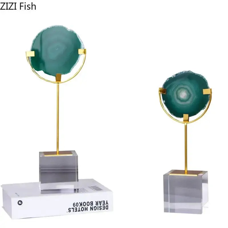 Green agate slice in gold-toned metal frame with clear acrylic decorbites crystal base for modern living room decor