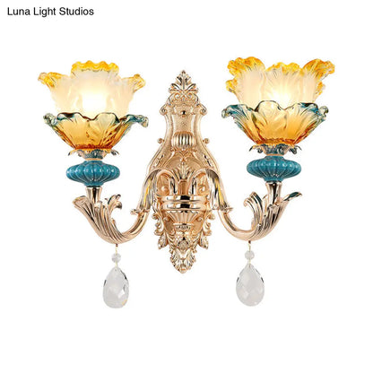 DecorBites™ DecorBites™ Modern Amber and Blue Glass Wall Sconce with Brass Finish - 1/2 Head Flower Design