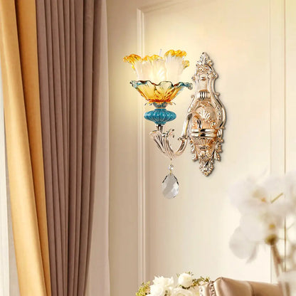 DecorBites™ DecorBites™ Modern Amber and Blue Glass Wall Sconce with Brass Finish - 1/2 Head Flower Design