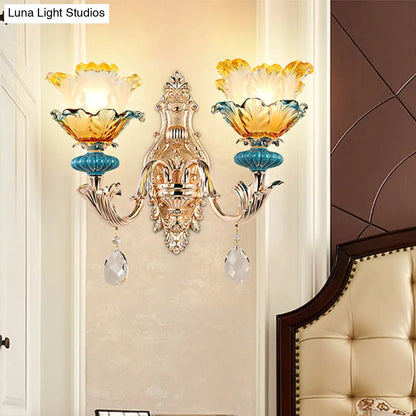 DecorBites™ DecorBites™ Modern Amber and Blue Glass Wall Sconce with Brass Finish - 1/2 Head Flower Design