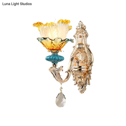 DecorBites™ DecorBites™ Modern Amber and Blue Glass Wall Sconce with Brass Finish - 1/2 Head Flower Design