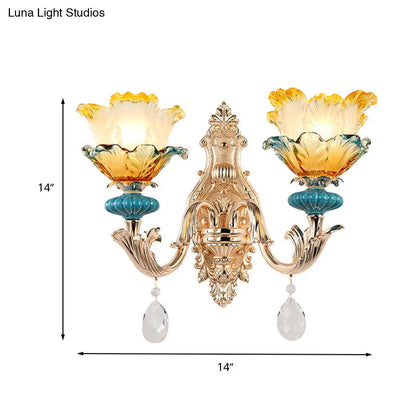 DecorBites™ DecorBites™ Modern Amber and Blue Glass Wall Sconce with Brass Finish - 1/2 Head Flower Design