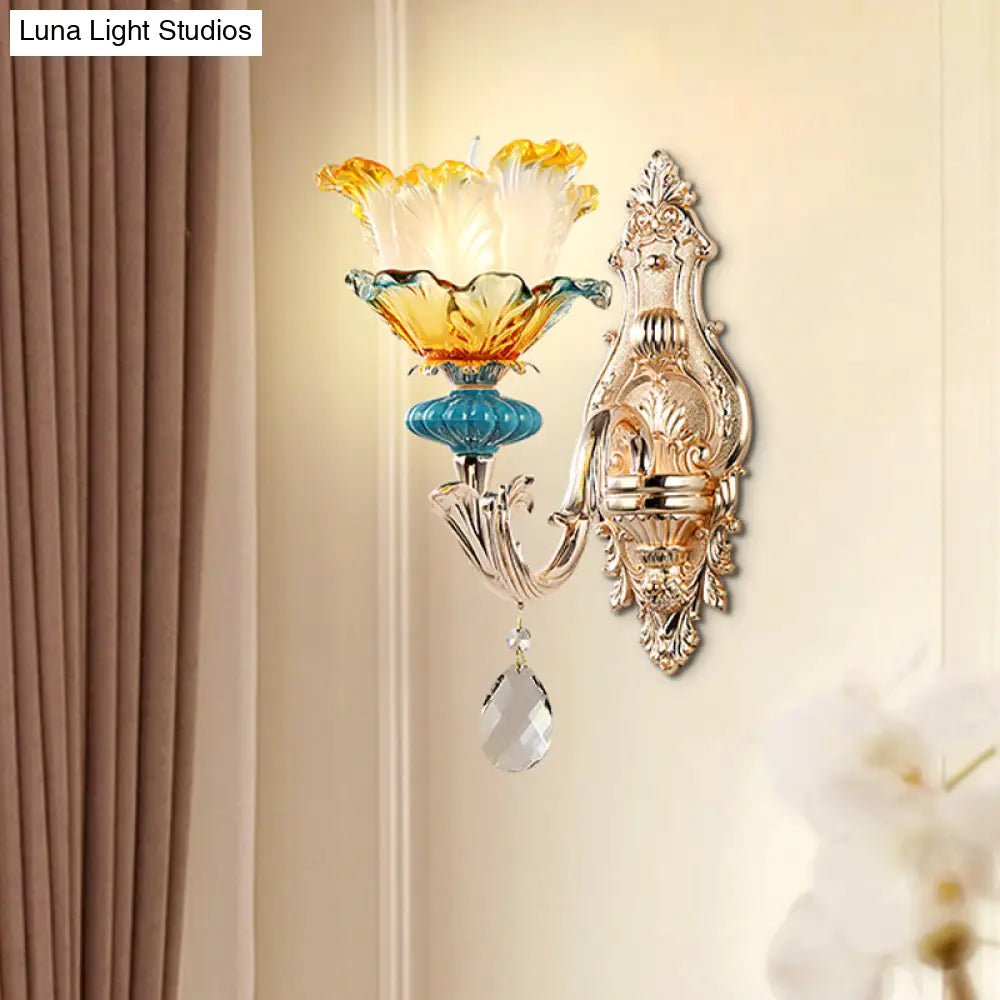 DecorBites™ DecorBites™ Modern Amber and Blue Glass Wall Sconce with Brass Finish - 1/2 Head Flower Design