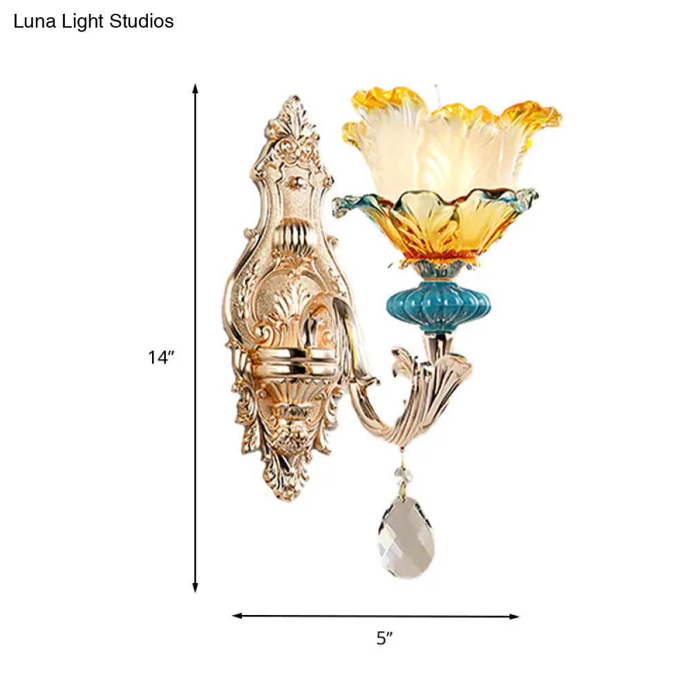 DecorBites™ DecorBites™ Modern Amber and Blue Glass Wall Sconce with Brass Finish - 1/2 Head Flower Design